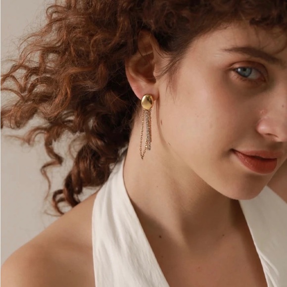 18k Gold Plated Tassel Drop CZ Chain Earrings - Picture 1 of 9